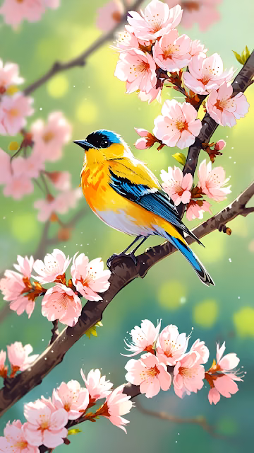 Bright Yellow Bird Spring Sakura Branch Sunlight Art - Free 4K & 8K Mobile Wallpaper