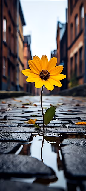 Bright Yellow Bloom in Dark City Alleyway Pavement - Free 4K & 8K Mobile Wallpaper