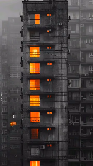 Brutalist Apartment Building with Fiery Orange Windows - Free 4K & 8K Mobile Wallpaper
