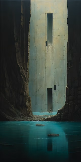 Brutalist Structure in Deep Canyon with Teal Water Entrance - Free 4K & 8K Mobile Wallpaper