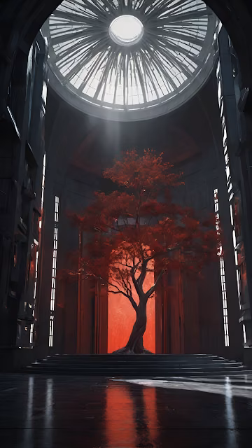 Brutalist Temple Red Tree Sci Fi Architecture Dramatic - Free 4K & 8K Mobile Wallpaper