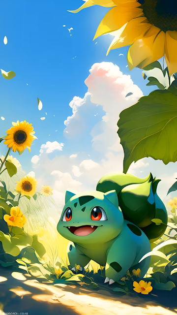 Bulbasaur Smiling Among Sunflowers Under Blue Sky - Free 4K & 8K Mobile Wallpaper