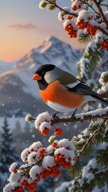 Bullfinch Perched on Snow-Covered Berries Against Mountain - Free 4K & 8K Mobile Wallpaper