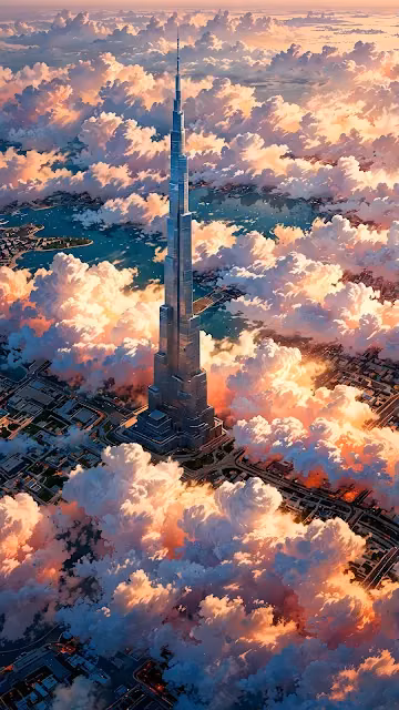 Burj Khalifa Skyscraper Rising Above Golden Sunset Clouds - Free 4K & 8K Mobile Wallpaper