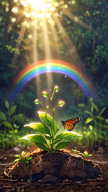 Butterfly Rests on Sprout Under Rainbow in Sunlit Forest - Free 4K & 8K Mobile Wallpaper