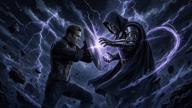 Captain America deflecting a blast of purple energy from Doctor Doom with his circular shield during a lightning storm.