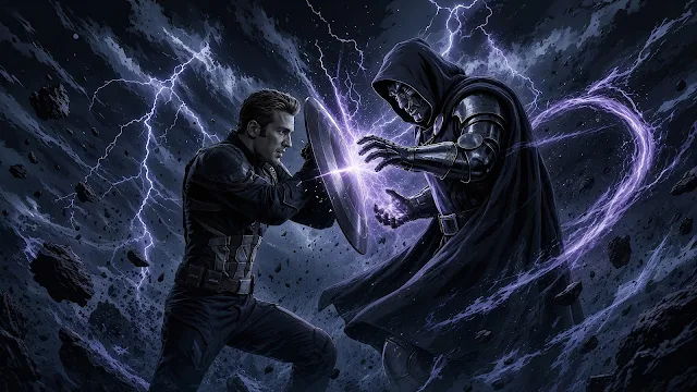 Captain America blocks magical energy from Doctor Doom amidst purple lightning and floating stone debris. Captain America deflecting a blast of purple energy from Doctor Doom with his circular shield during a lightning storm.
