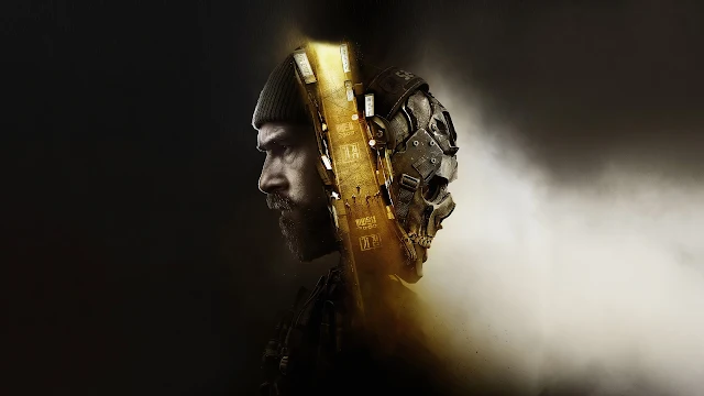 A composite side profile joins Captain Price and Ghost's skull mask separated by a golden data strip. Split side profile showing Captain Price in a beanie on the left and Ghost in a tactical skull helmet on the right.