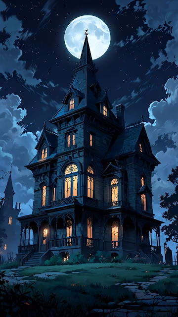 Cartoon Gothic Haunted Mansion Under Full Moon Night - Free 4K & 8K Mobile Wallpaper