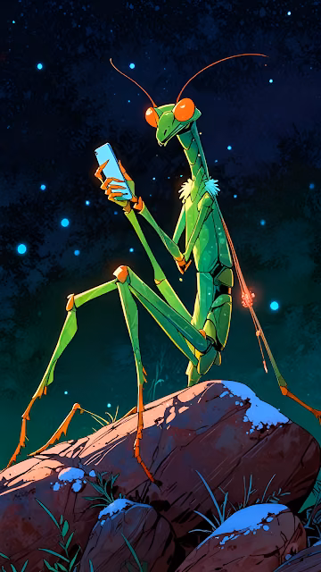 Cartoon Praying Mantis Using Smartphone Under Starry Night - Free 4K & 8K Mobile Wallpaper