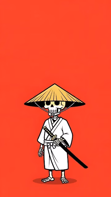 Cartoon Samurai Skeleton with Katana on Red Background - Free 4K & 8K Mobile Wallpaper