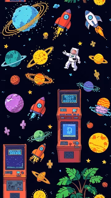 Cartoon Space Scene with Rockets and Arcade Games - Free 4K & 8K Mobile Wallpaper