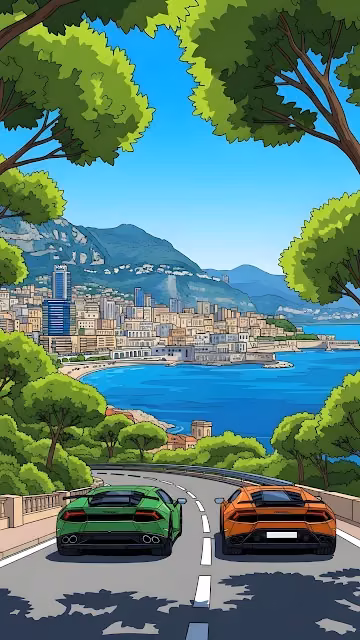 Cartoon Sports Cars Driving on Monaco Riviera Coastal Road - Free 4K & 8K Mobile Wallpaper