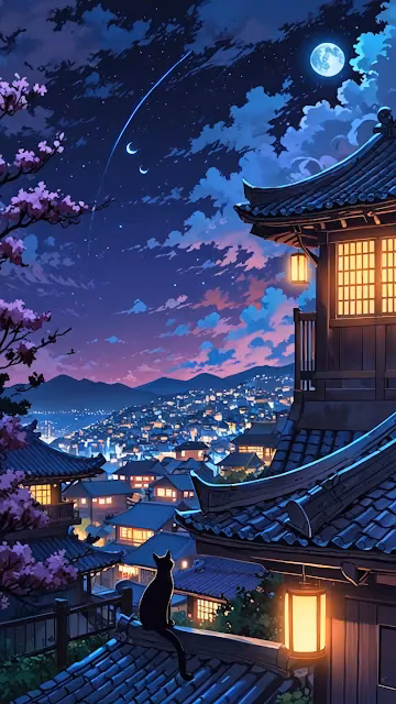Cat on Rooftop Gazing at Moonlit Cityscape - Free 4K & 8K Mobile Wallpaper
