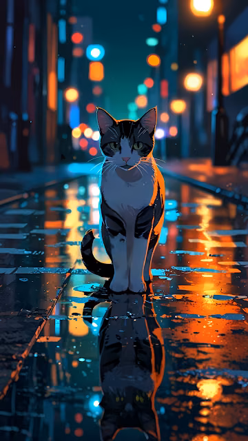 Cat Sitting on Rainy Neon City Street at Night - Free 4K & 8K Mobile Wallpaper