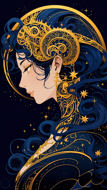 Celestial Anime Woman Gold Ornate Zodiac Profile - Free 4K & 8K Mobile Wallpaper