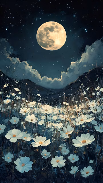 Celestial Field of White Cosmos Flowers Under Full Moon - Free 4K & 8K Mobile Wallpaper