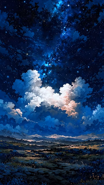 Celestial Night Sky Landscape Anime Style Digital Painting - Free 4K & 8K Mobile Wallpaper