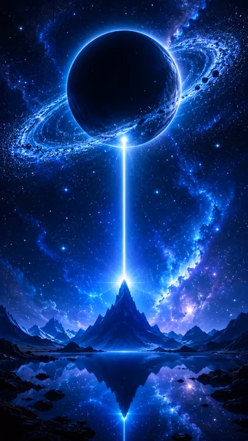 An abstract space illustration of a beam of bright blue light shooting up from a dark mountain into a massive black planet in a starry nebula.