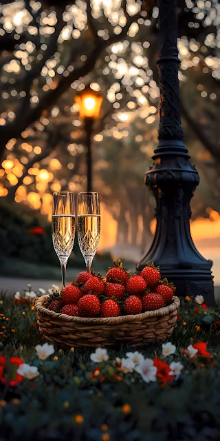 Champagne Flutes and Strawberries Romantic Evening Bokeh - Free 4K & 8K Mobile Wallpaper