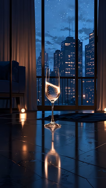 Champagne Glass Glowing on Polished Floor with City View - Free 4K & 8K Mobile Wallpaper