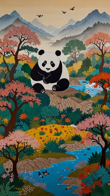 Charming Panda in Lush Asian Spring Landscape Illustration - Free 4K & 8K Mobile Wallpaper