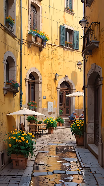 Charming Sunny Italian Alleyway Cafe Yellow Stucco Walls - Free 4K & 8K Mobile Wallpaper