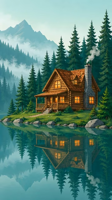 A cozy dark wood cabin with glowing warm windows nestled among tall pine trees at the edge of a calm, reflective lake under a misty sky.