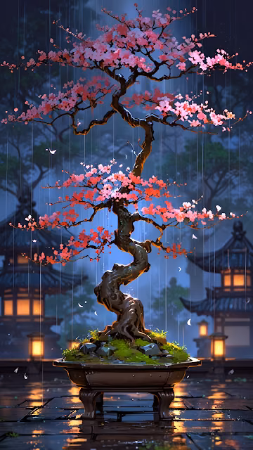 Cherry Blossom Bonsai Tree in Rain with Japanese Lanterns - Free 4K & 8K Mobile Wallpaper