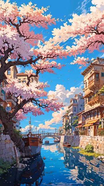 Cherry Blossom Canal in Sunny European Town - Free 4K & 8K Mobile Wallpaper