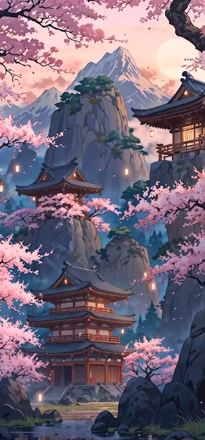 Cherry Blossom Temple at Dusk with Snowy Peak - Free 4K & 8K Mobile Wallpaper