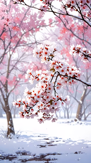 Cherry Blossoms Blooming in Snowy Winter Landscape - Free 4K & 8K Mobile Wallpaper