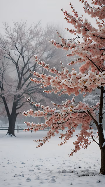 Cherry Blossoms Blooming in Snowy Winter Park - Free 4K & 8K Mobile Wallpaper