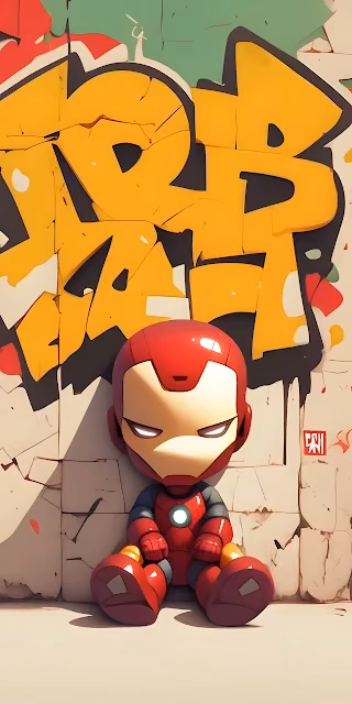 Chibi Iron Man Sitting Against Cracked Graffiti Wall - Free 4K & 8K Mobile Wallpaper