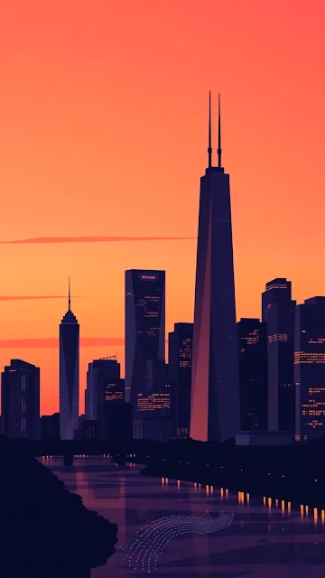 Chicago Skyline Dusk Vector Art over River - Free 4K & 8K Mobile Wallpaper