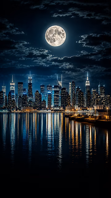 Chicago Skyline Under a Massive Glowing Full Moon Nightscape - Free 4K & 8K Mobile Wallpaper