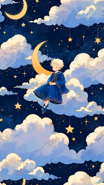 Child in Blue Dress Sitting on Cloud Under Starry Night Sky - Free 4K & 8K Mobile Wallpaper