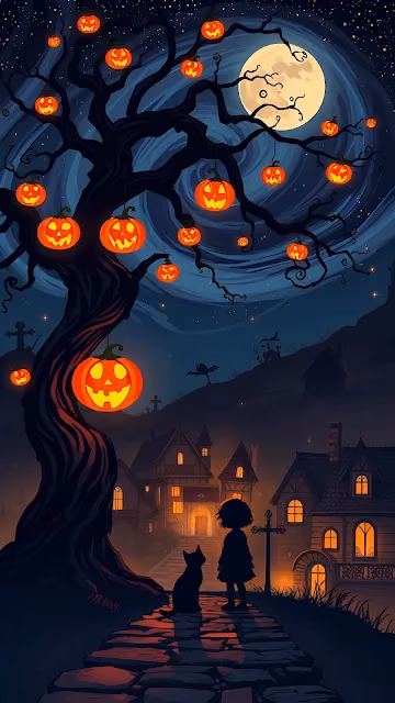 Child and Cat Under Jack O Lantern Tree at Night - Free 4K & 8K Mobile Wallpaper