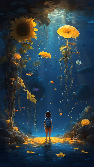Child Exploring Underwater Garden with Sunflowers - Free 4K & 8K Mobile Wallpaper