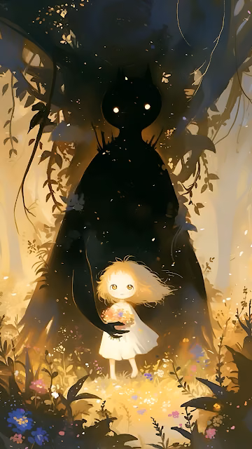 Child and Giant Shadow Guardian in Golden Forest Clearing - Free 4K & 8K Mobile Wallpaper
