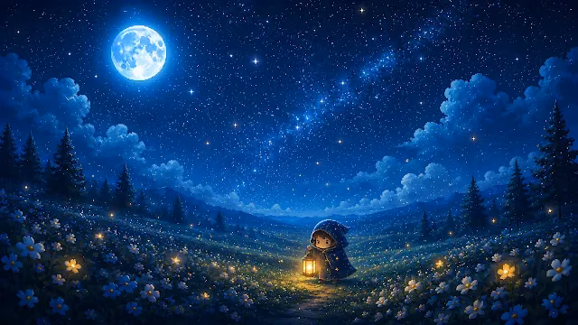 Illustration of a small hooded child with a lantern standing in a flower field under a starry night sky.