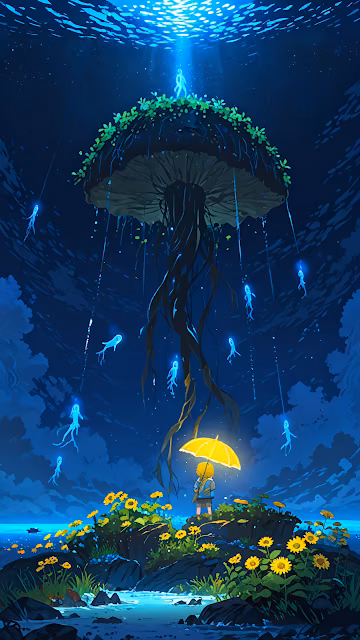 Child Under Giant Glowing Jellyfish in Night Sky - Free 4K & 8K Mobile Wallpaper