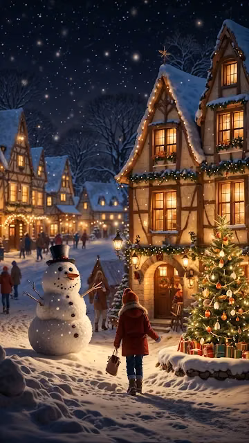 Child Walking Past Snowman in Christmas Village - Free 4K & 8K Mobile Wallpaper