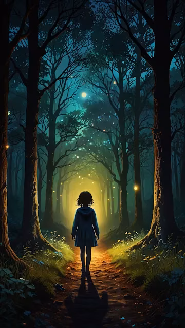 Child walks down glowing forest path under starry night sky - Free 4K & 8K Mobile Wallpaper