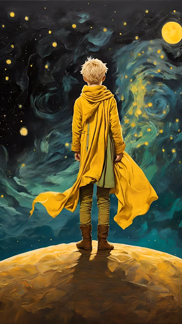Child in Yellow Cloak Gazing at Swirling Cosmic Sky - Free 4K & 8K Mobile Wallpaper