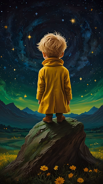 Child in Yellow Coat Gazing at Swirling Starry Sky from Rock - Free 4K & 8K Mobile Wallpaper