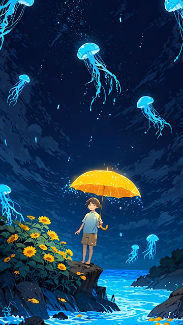 Child with Yellow Umbrella Under Glowing Jellyfish Sky - Free 4K & 8K Mobile Wallpaper