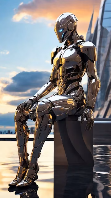 Chrome Android Sitting on Skyscraper Edge at Sunset - Free 4K & 8K Mobile Wallpaper