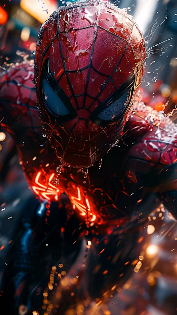 Cinematic Spiderman Suit Wet Neon Glow Marvel Art - Free 4K & 8K Mobile Wallpaper