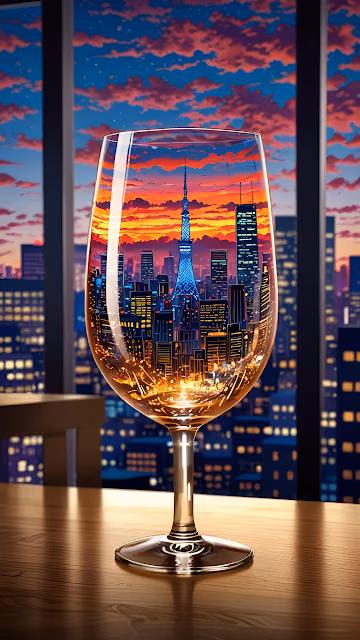 City Skyline Reflection in Wine Glass Sunset View - Free 4K & 8K Mobile Wallpaper